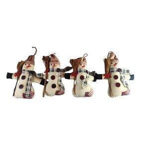 (4) Handmade Snowman Christmas Ornaments With Plaid Scarves Button & Broomsticks